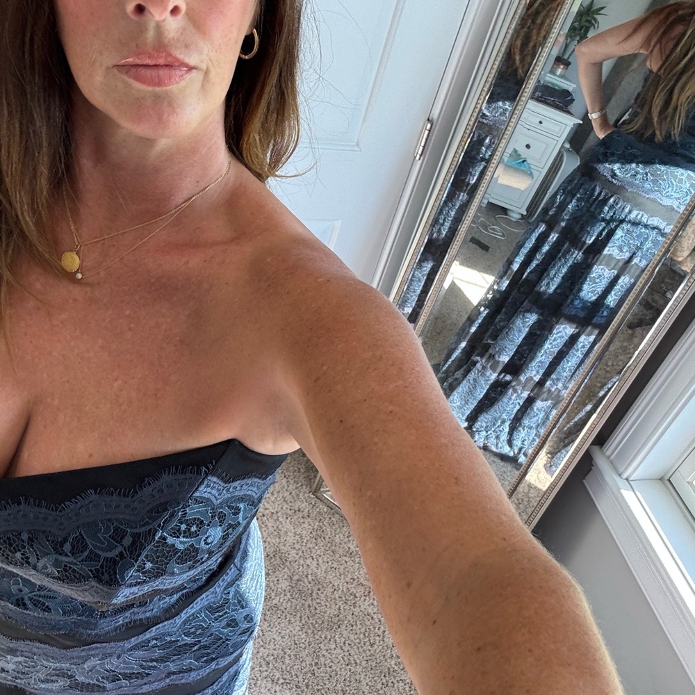 Tadashi Shoji Pristine Strapless Black and Blue Lace Gown